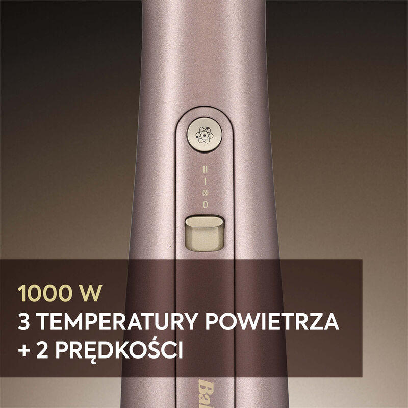 Prostownica do włosów, różowe złoto, z przyciskami do ustawiania temperatury i prędkości.