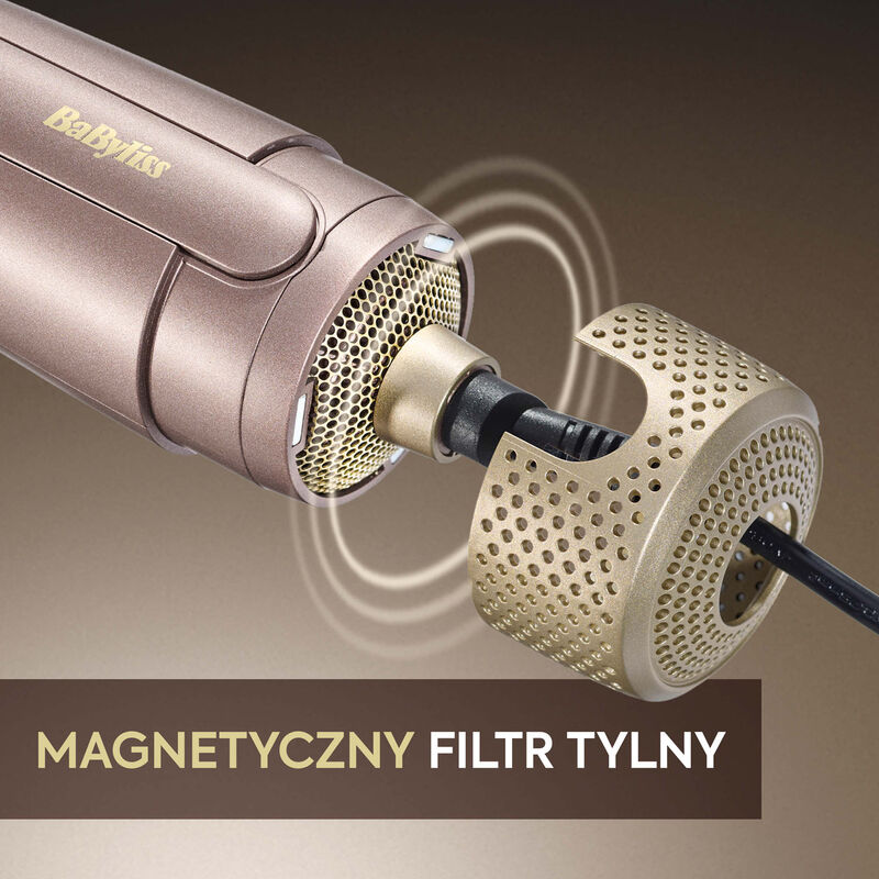 Zbliżenie na narzędzie do włosów Babyliss z oddzielonymi częściami. Części obejmują filtr i obudowę w kolorze różowego złota.