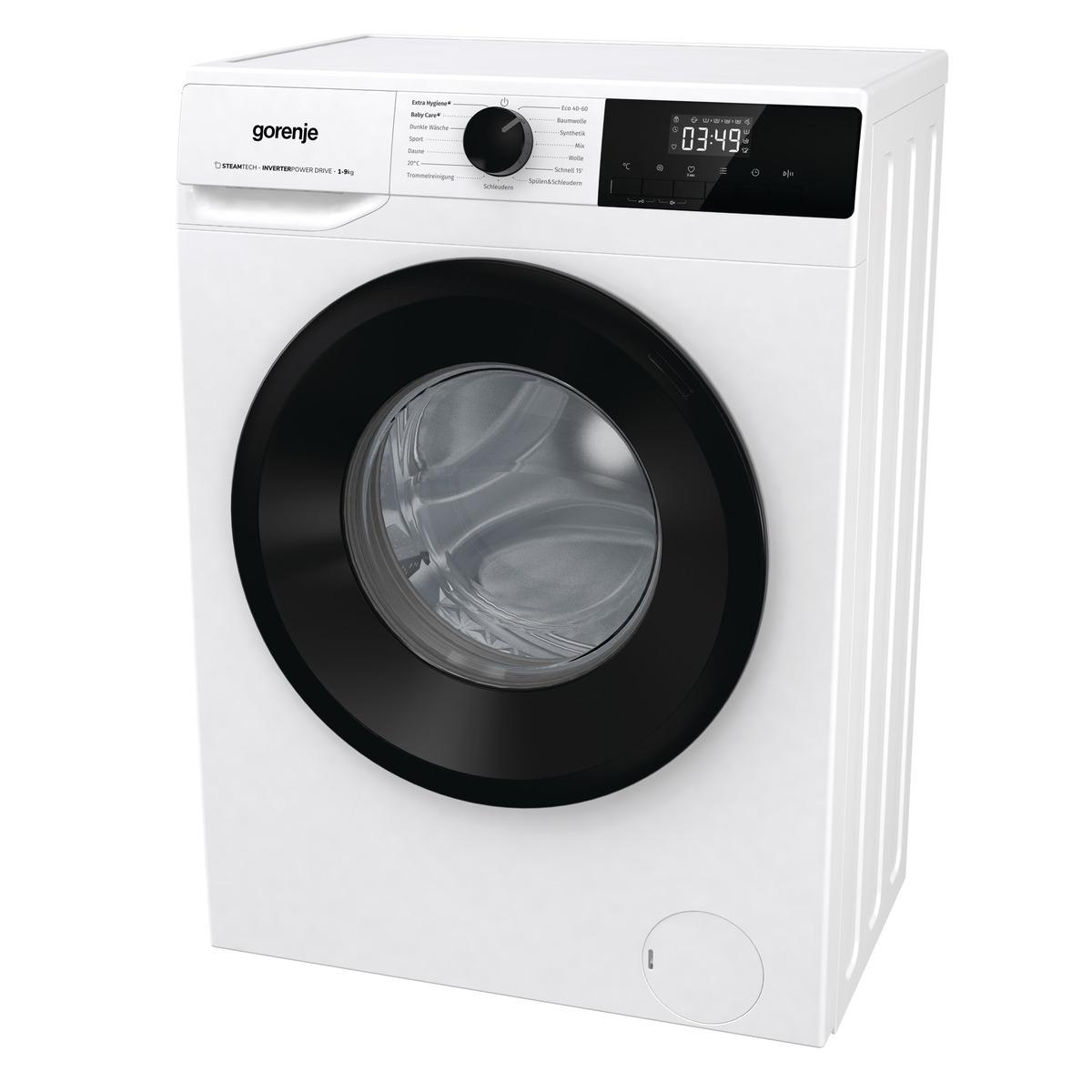 Eine weiße Waschmaschine mit schwarzer Tür. Knöpfe und ein Display befinden sich oben.