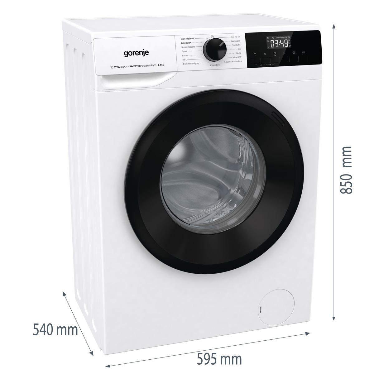 Weiße Waschmaschine. Abmessungen: 540 mm (Breite), 850 mm (Höhe), 595 mm (Tiefe). Schwarze Tür.