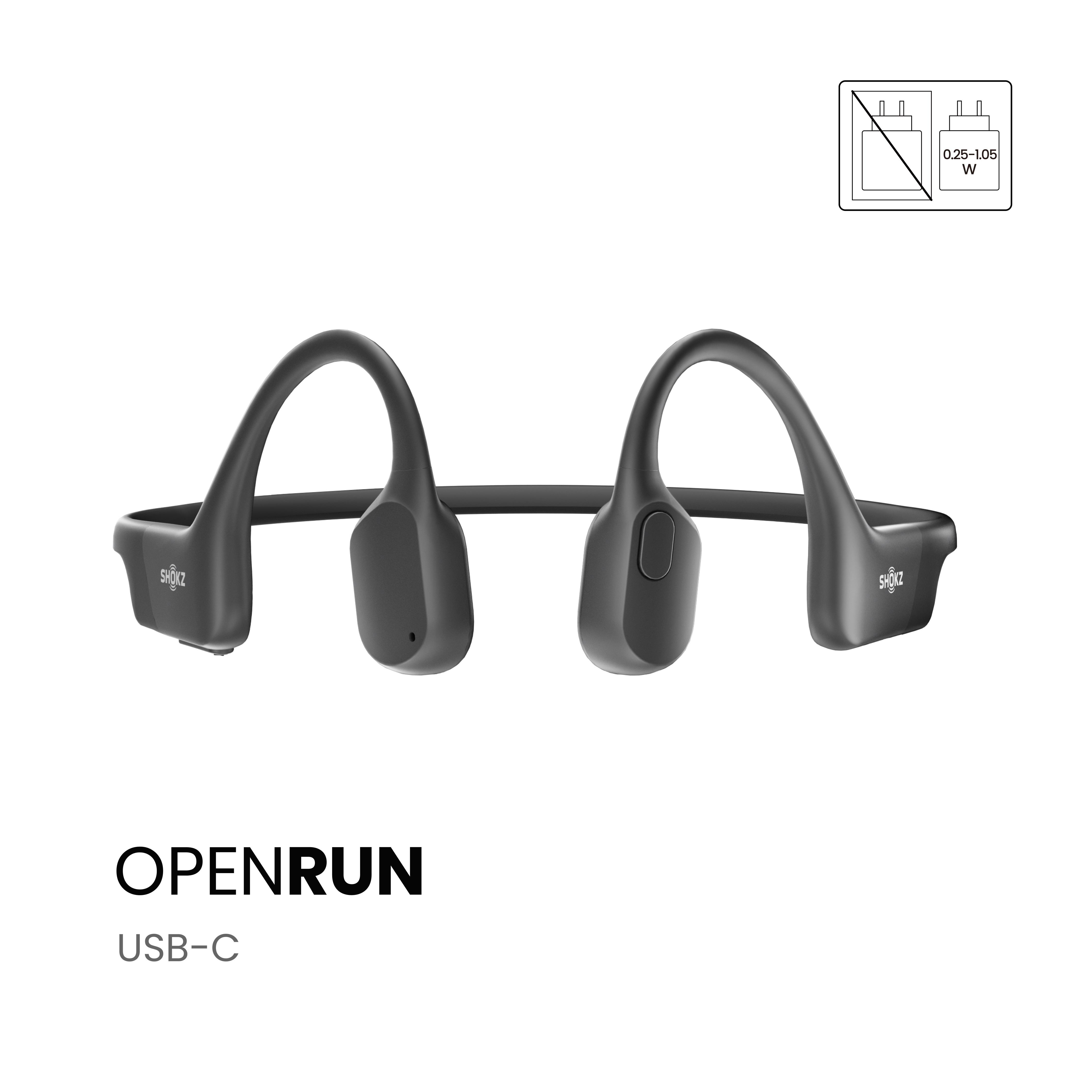 Schwarze Shokz OpenRun-Kopfhörer, USB-C, mit Diagramm eines Ladegeräts. Der Hintergrund ist weiß.
