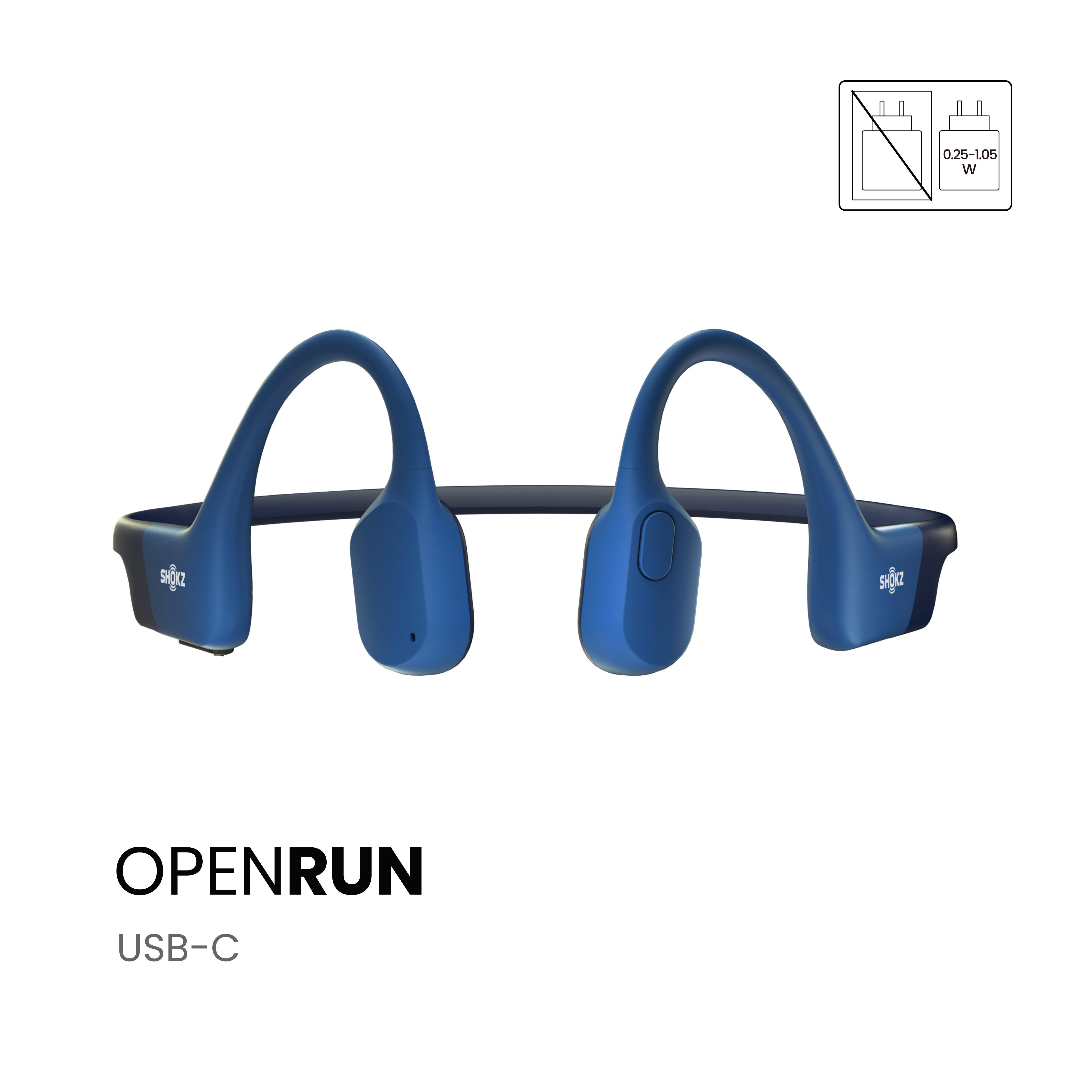 Blaue OpenRun-Knochenschallkopfhörer. Inklusive USB-C und Leistungsspezifikationen. Weißer Hintergrund.