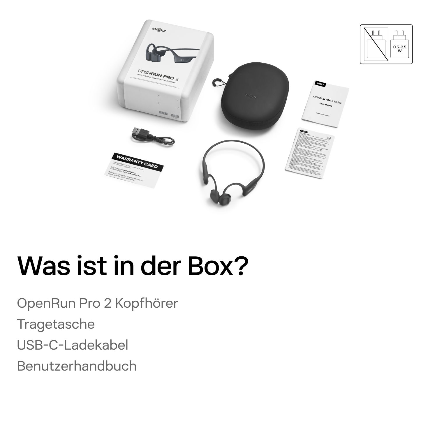 Inhalt: Kopfhörer, Tasche, USB-Kabel, Handbuch, Garantiekarte und ein Adaptersymbol.