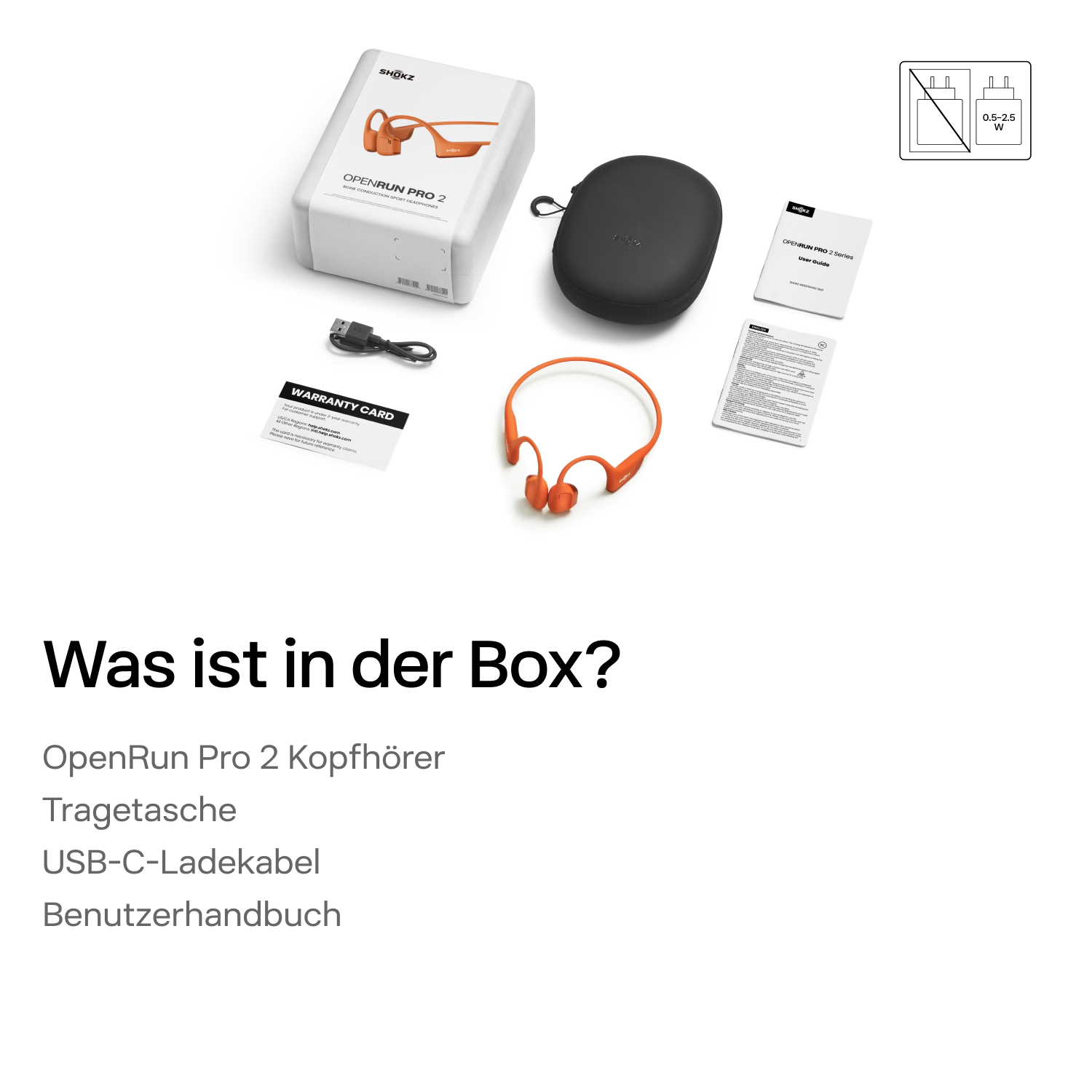 Das Bild zeigt OpenRun Pro 2 Kopfhörer, eine Hülle, Garantiekarte, Benutzerhandbuch und USB-Kabel. Die Kopfhörer sind orange.