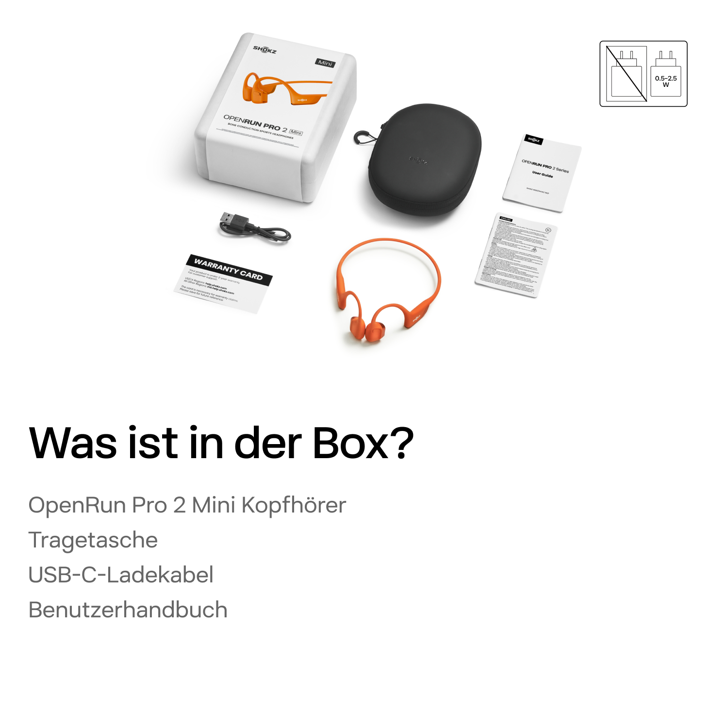Draufsicht zeigt OpenRun Pro 2 Mini Kopfhörer, eine Hülle, ein Ladekabel, eine Garantiekarte und eine Bedienungsanleitung.