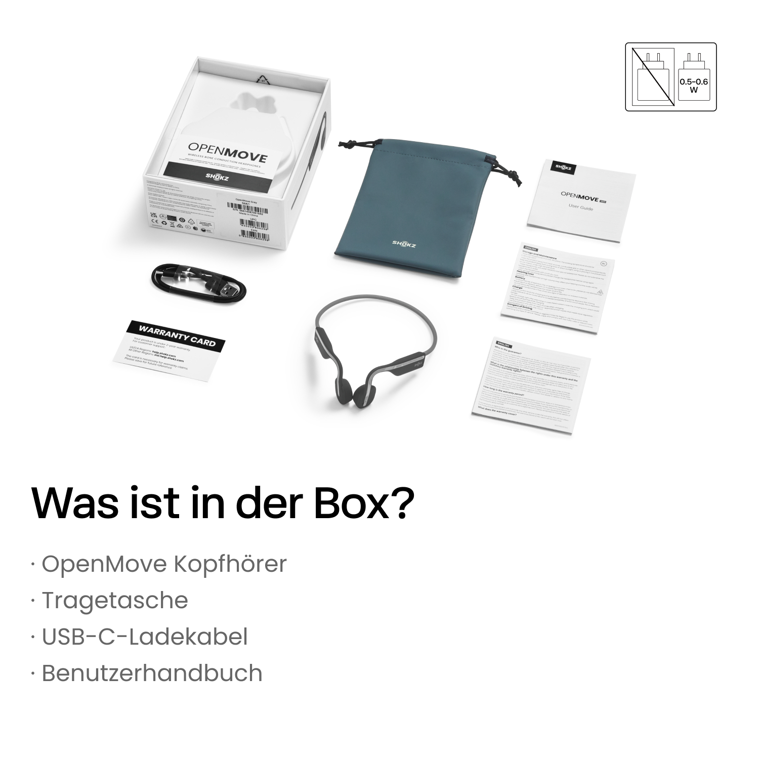 OpenMove Kopfhörer, Beutel, USB-C-Kabel, Benutzerhandbuch und Garantiekarte auf weißer Oberfläche. Ein Stromsymbol ist oben rechts.