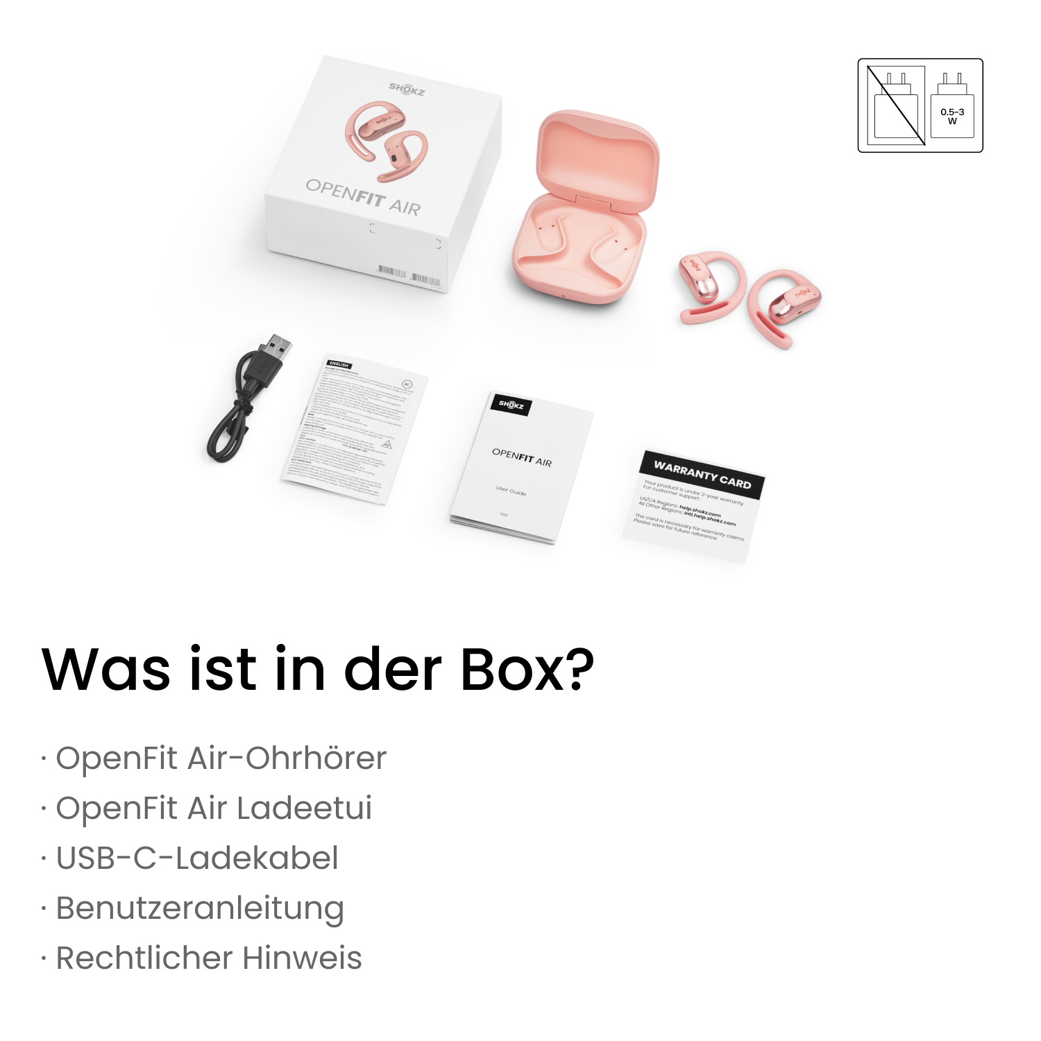 Inhalt der Box: Rosa OpenFit Air Ohrhörer, Ladecase, USB-C-Kabel, Benutzerhandbuch, Garantiekarte und rechtlicher Hinweis, alles auf weißem Hintergrund.
