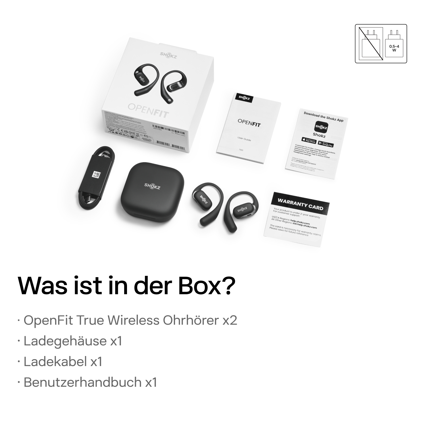 Das Bild zeigt Shokz Openfit-Ohrhörer, Ladecase, Kabel, Benutzerhandbuch, Garantiekarte und Box. Text listet Artikel auf Deutsch.