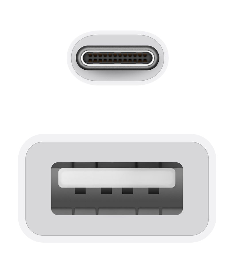 Egy USB-C és egy USB port közelképe, mindkettő fehér, fehér háttérrel.