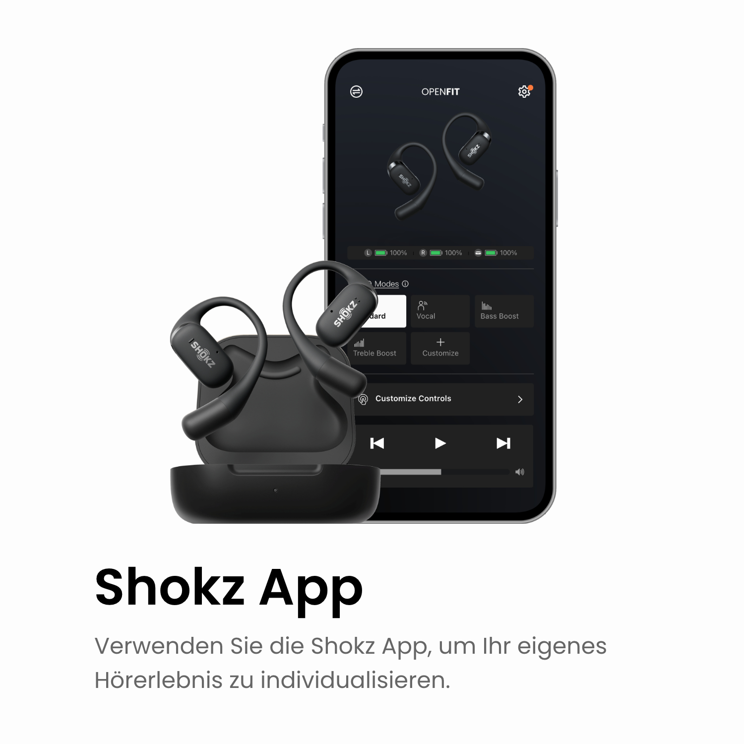 Schwarze Shokz-Kopfhörer und -Etui mit Smartphone, das die App anzeigt. Die App zeigt Einstellungen und Ohrhörerstatus an.