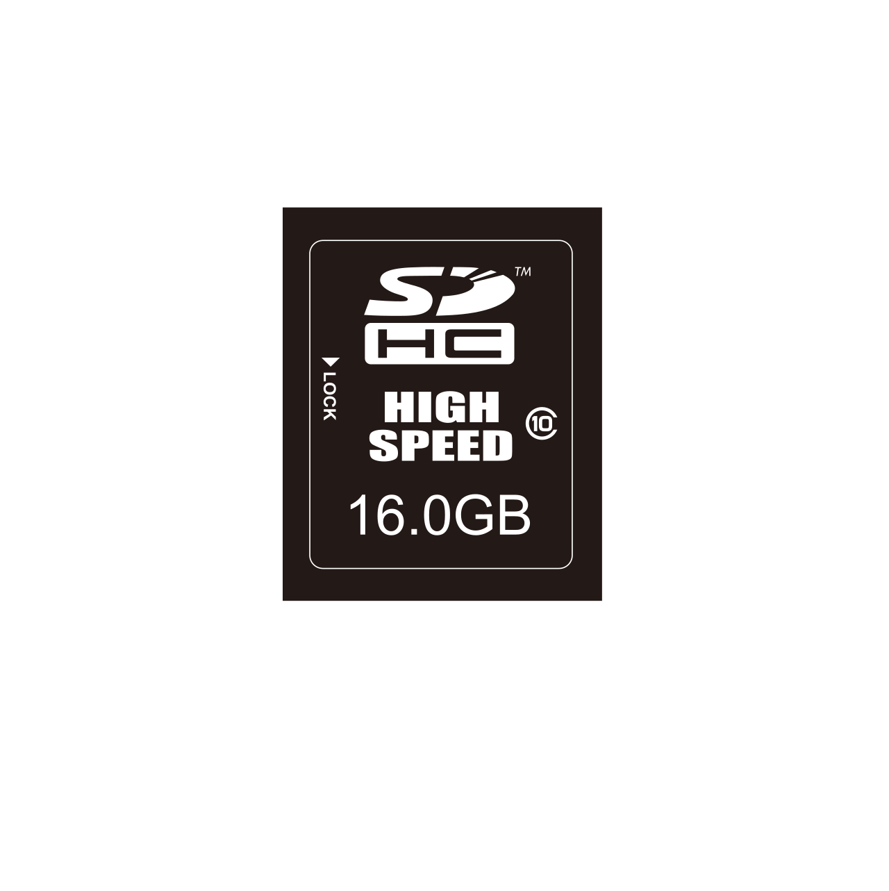 Schwarze 16,0 GB SDHC-Speicherkarte mit High Speed-Logo auf schwarzem Hintergrund.