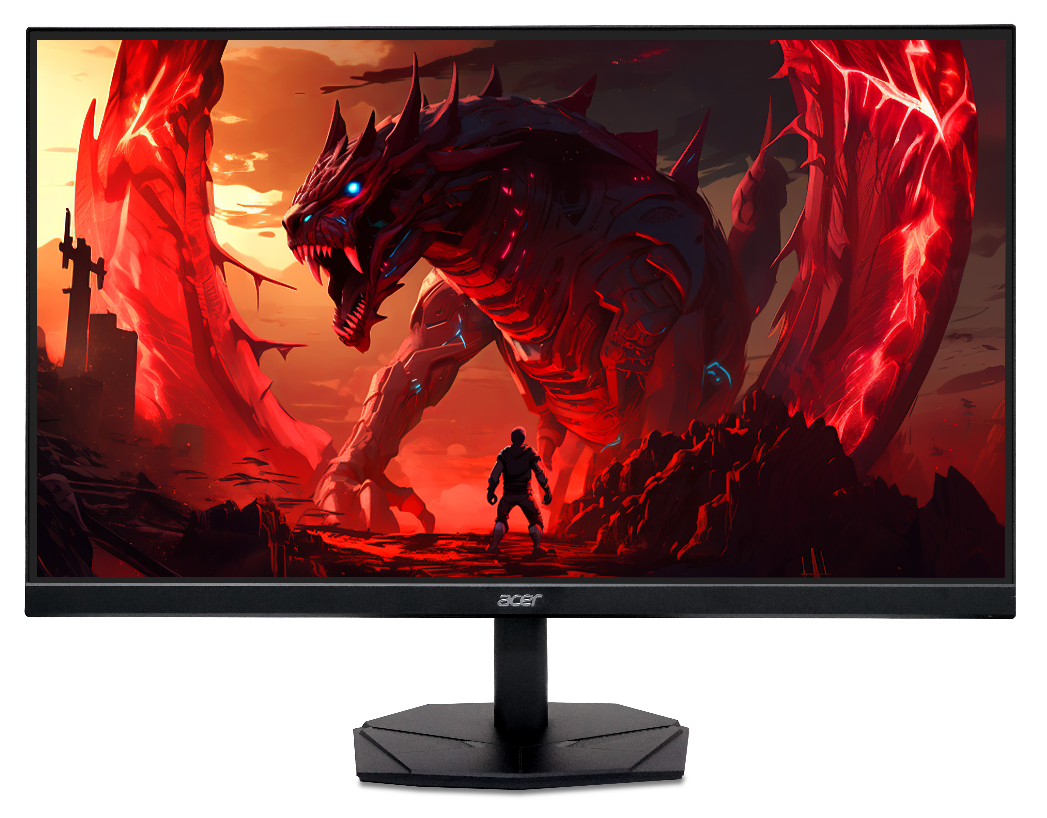 Acer-Monitor mit Fantasieszene: Drache konfrontiert Krieger in feuriger Landschaft.