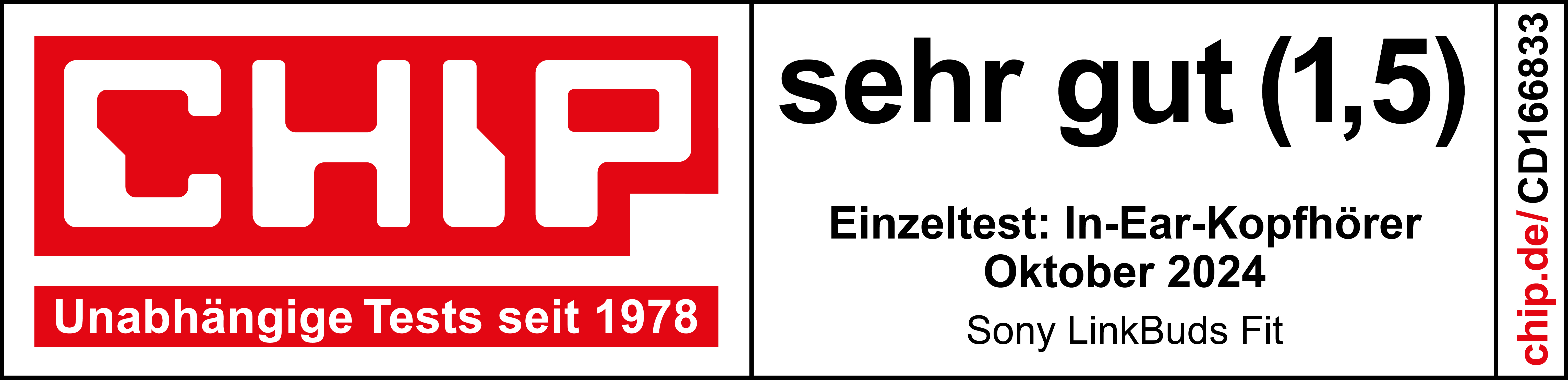 Eine Chip-Magazin-Rezension. Der Text lautet: Sehr gut (1,5) und In-Ear-Kopfhörer, Oktober 2024.