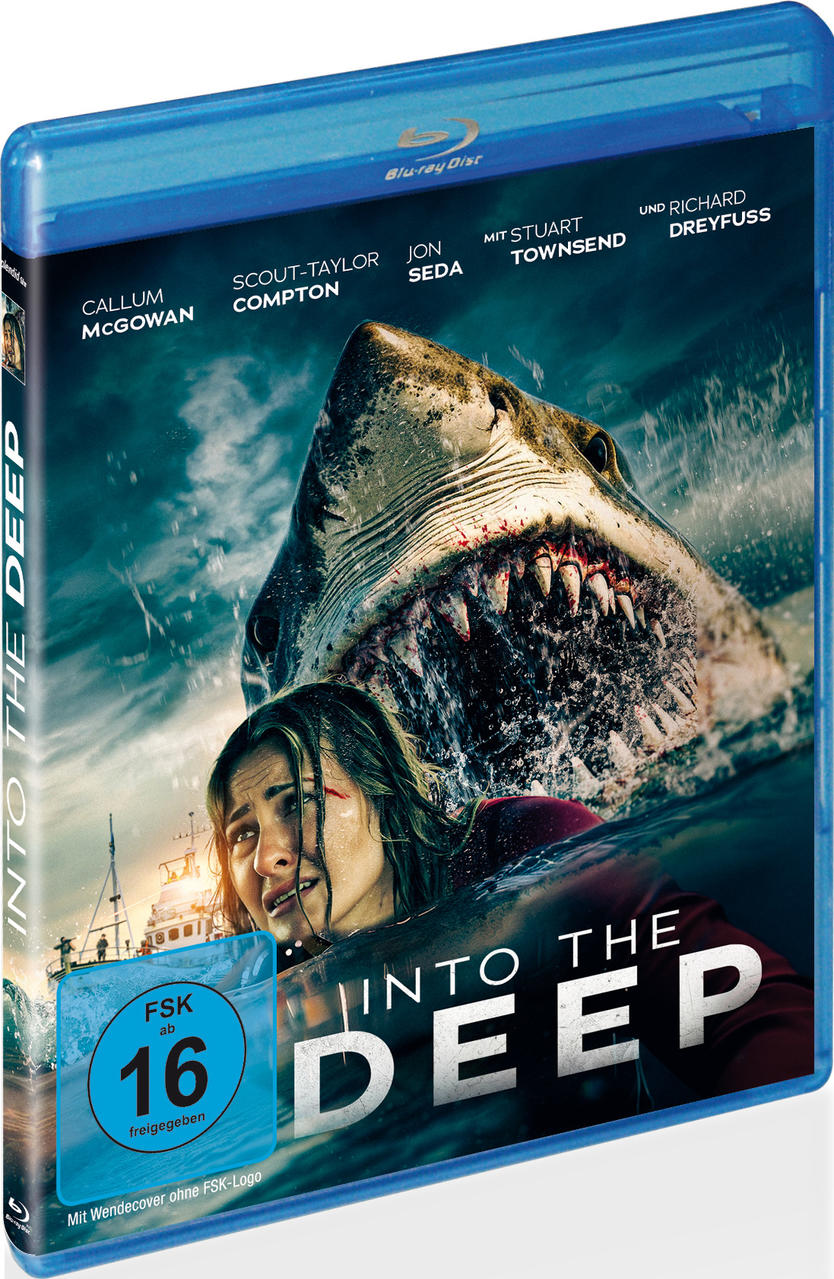 Ein DVD-Cover zeigt einen Hai, der eine Frau im Wasser angreift.