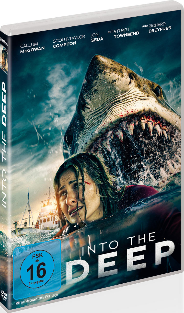 DVD-Cover von Into the Deep, zeigt eine Frau im Wasser, einen Hai und ein Boot.