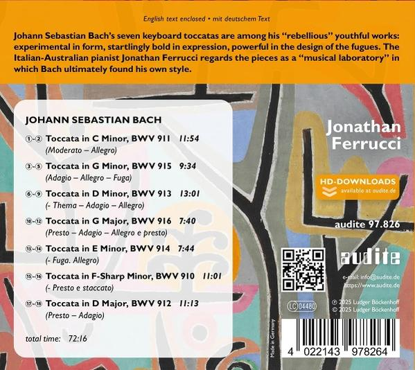CD-Cover mit Text über Johann Sebastian Bachs Musik und einem bunten abstrakten Hintergrund.