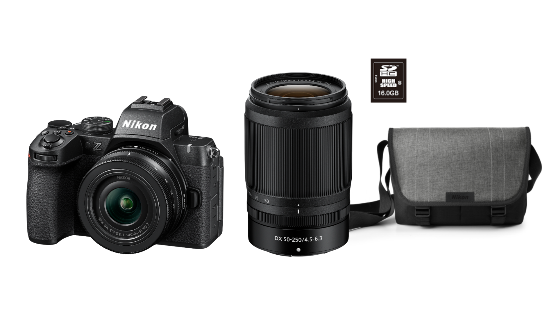 Nikon Kamera-Kit. Schwarze Kamera mit Objektiv und Tasche. SD-Karte enthalten. Schwarzer Hintergrund.