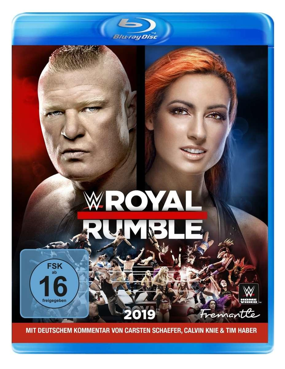 Blu-ray-Disc-Cover mit zwei Wrestlern und dem Titel 'WWE Royal Rumble 2019'.