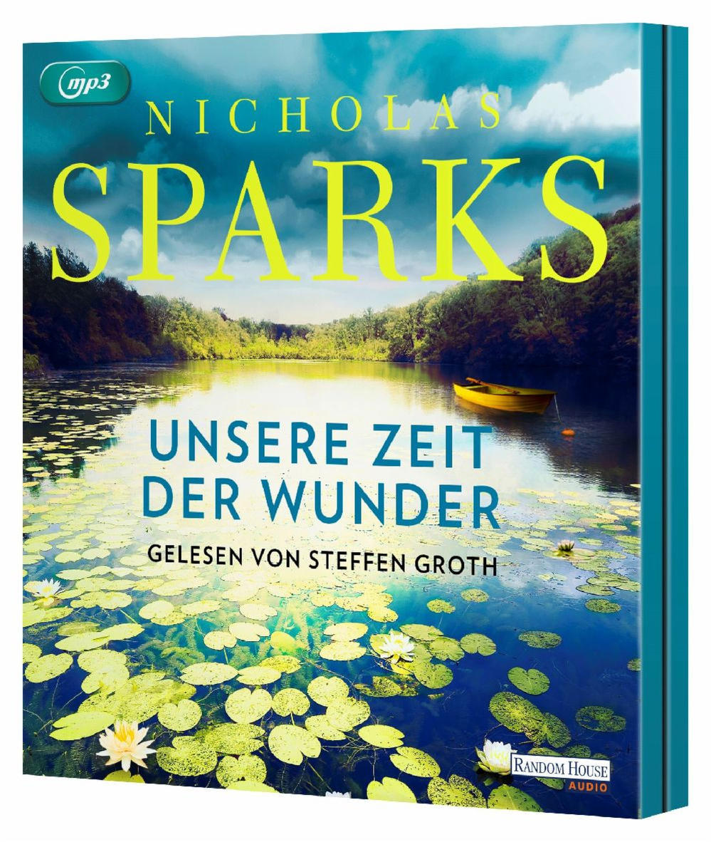 Ein Buchcover mit einem See, Seerosen und einem Boot. Titel: Unsere Zeit der Wunder.