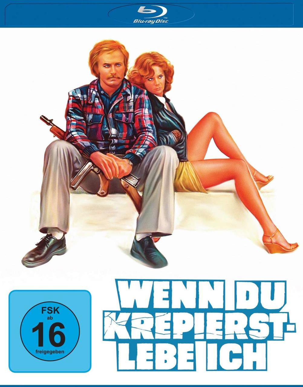 Filmposter. Ein Mann und eine Frau mit einer Waffe. Text: Wenn Du Krepierst Lebe Ich.