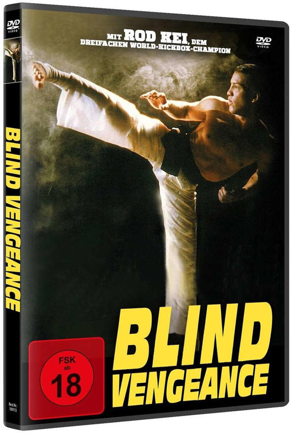 DVD-Hülle eines Films, ein Mann in weißem Karateanzug tritt, mit dem Titel 'BLIND VENGEANCE'.