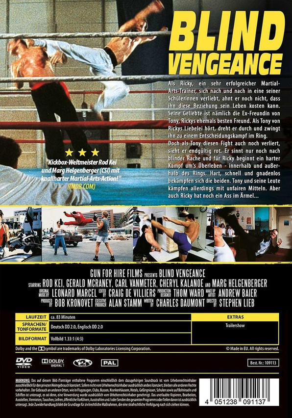 DVD-Filmcover. Schauspieler in Aktion, Titel 'Blind Vengeance'. Text auf der Rückseite, Zusammenfassung und Credits.