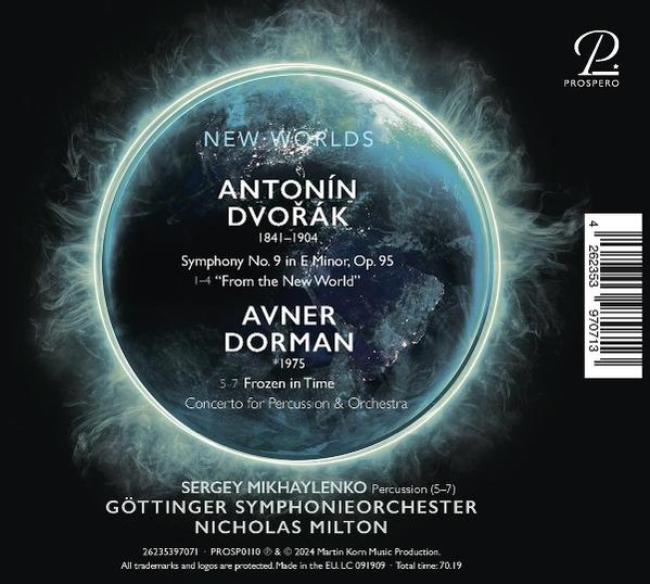 CD-Cover: 'New Worlds' von Antonín Dvořák und Avner Dorman. Kunstwerk einer Weltkugel.
