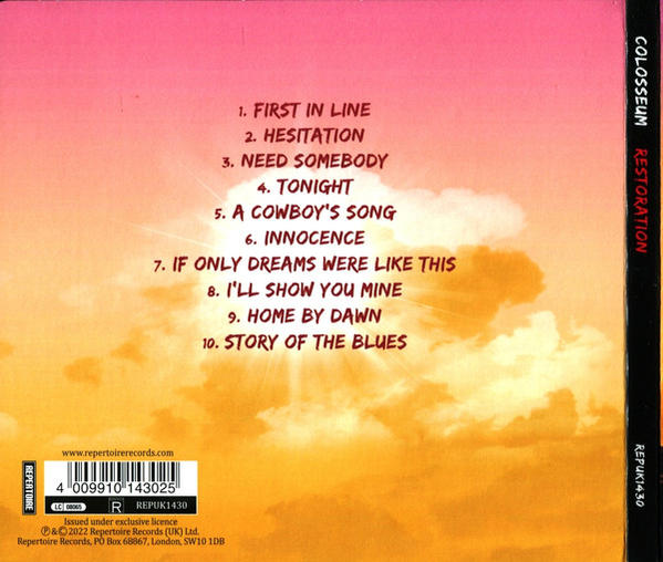 Rückseite einer CD-Hülle mit Songtiteln und Sonnenuntergangshintergrund.