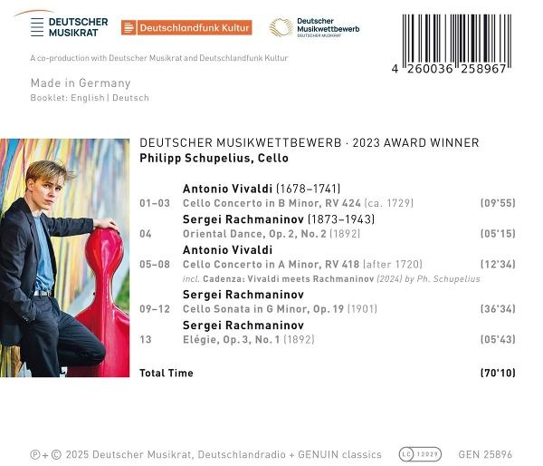 Rückseite einer CD mit Text und einem Foto eines Mannes, der ein Cello hält.