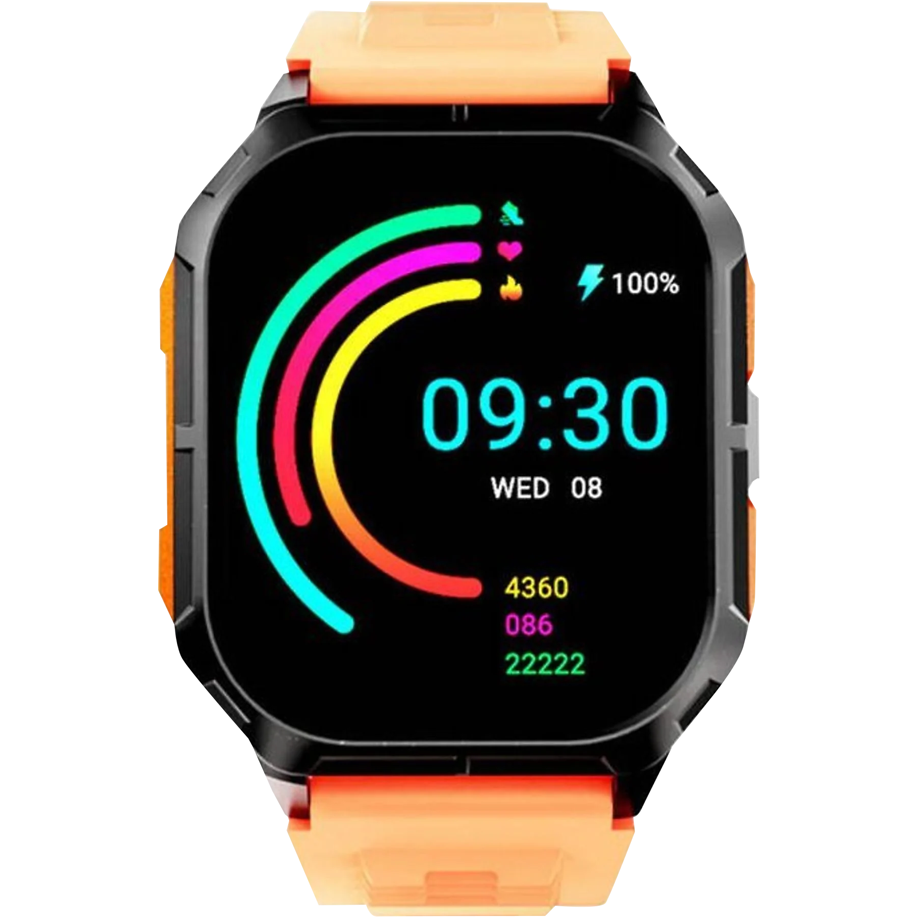 Smartwatch z cyfrowym wyświetlaczem pokazującym godzinę, datę, kroki i tętno.