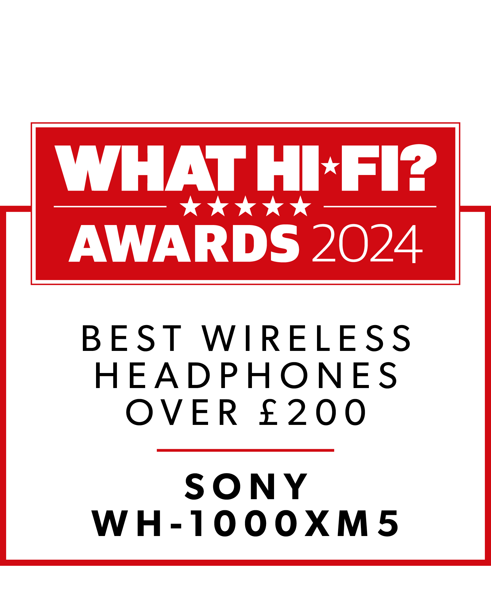 Rote und weiße Auszeichnungsgrafik. Sie lautet 'WHAT HI*FI? AWARDS 2024' mit Text darunter.