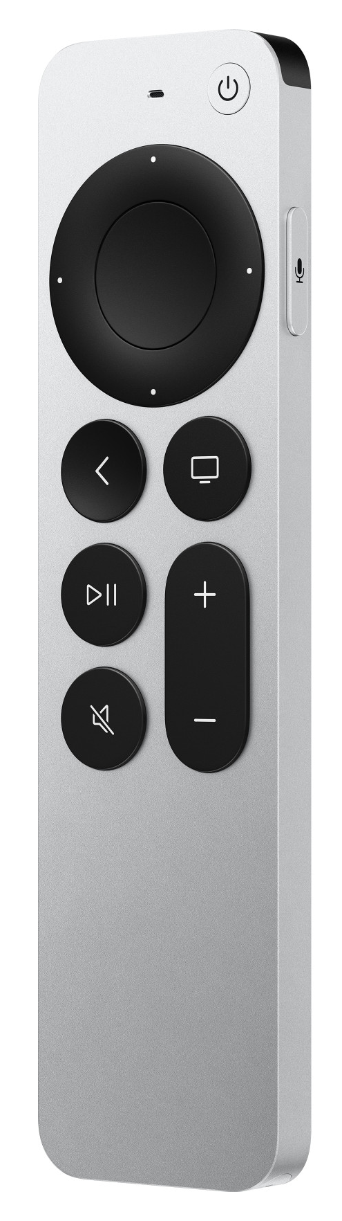 Ezüst Apple TV távirányító különféle gombokkal, beleértve a bekapcsológombot.
