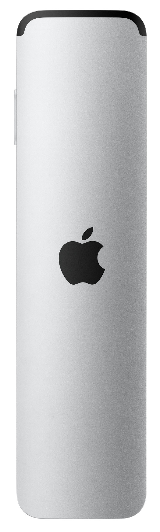 Ezüst Apple TV távirányító. Az Apple logója a készülék hátulján középen található.