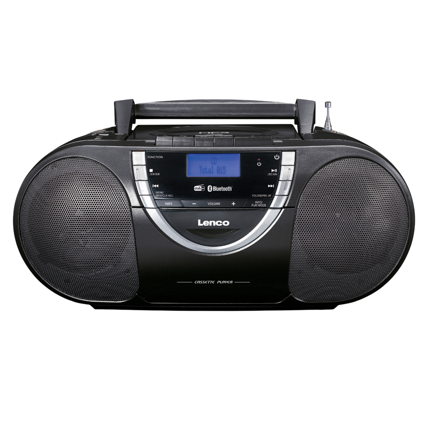 Boombox Lenco noir avec lecteur CD et lecteur cassette. Haut-parleurs des deux côtés.