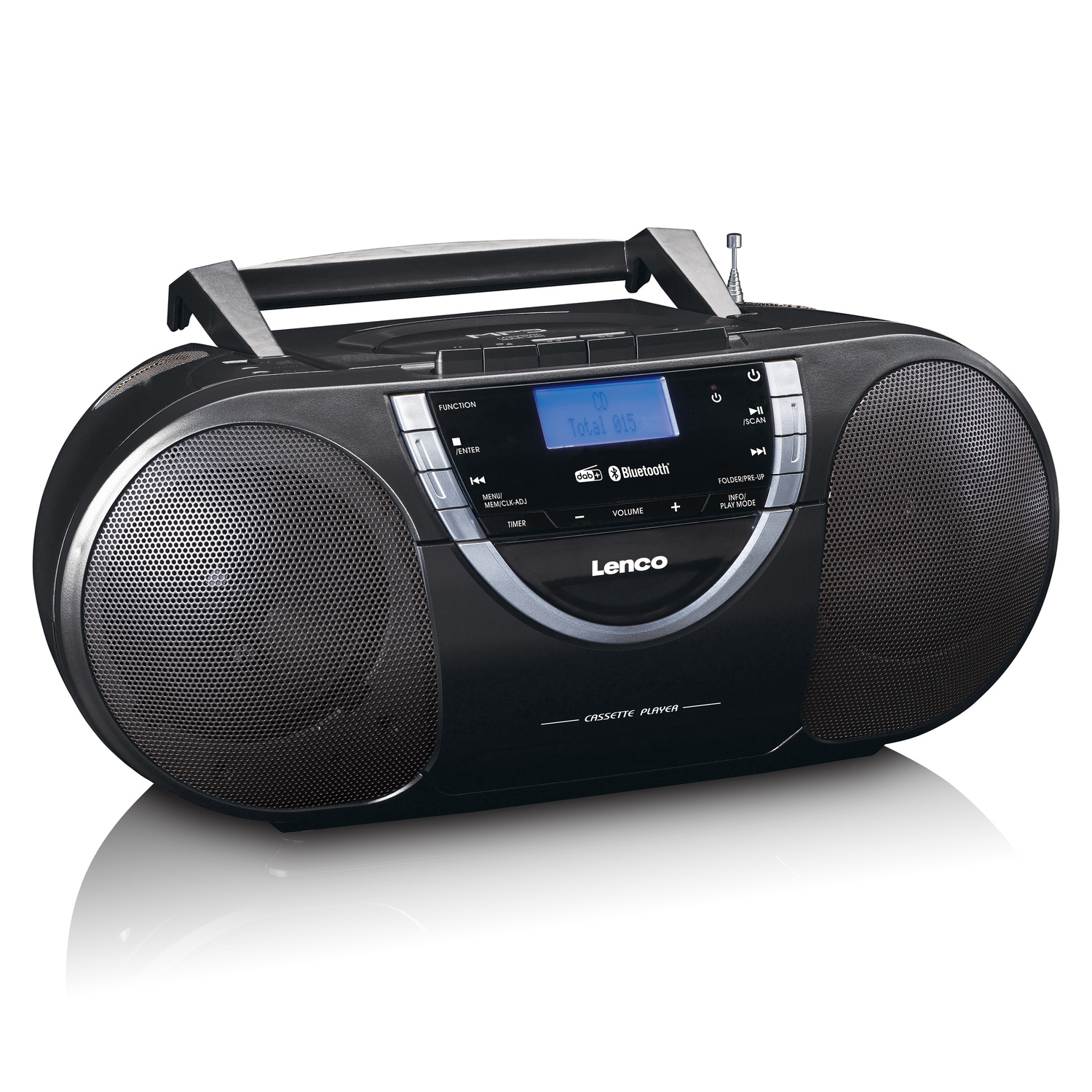 Un boombox noir avec des haut-parleurs, des boutons et un écran, isolé sur fond blanc.