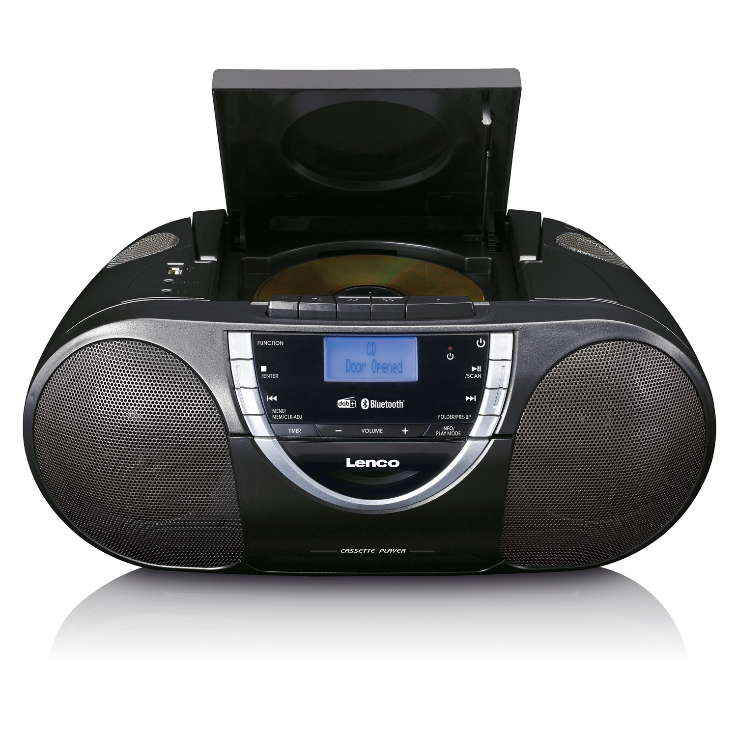 Un radiocassette Lenco noir avec le lecteur CD ouvert. Des boutons, un écran et des haut-parleurs sont visibles.
