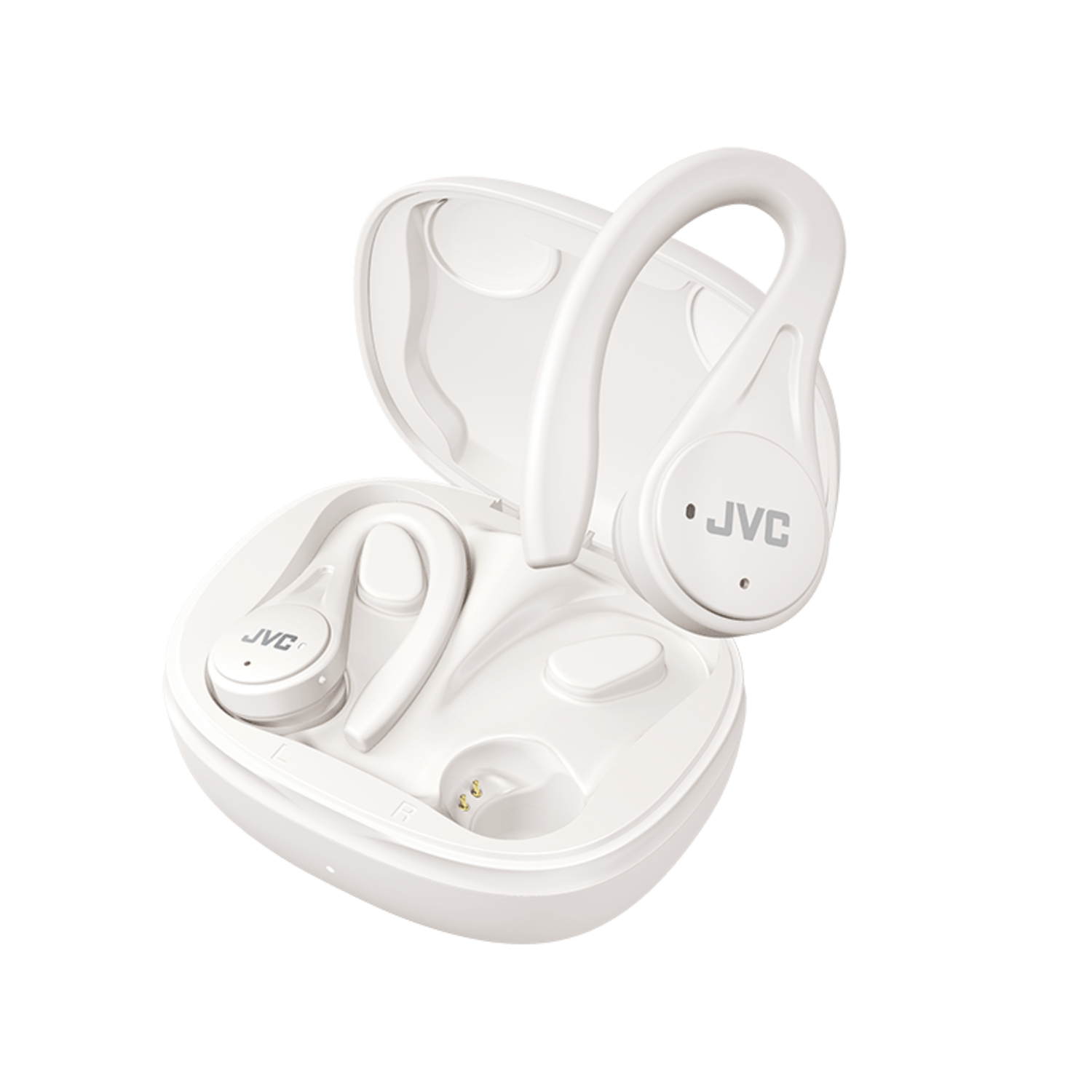 Écouteurs sans fil JVC blancs dans leur étui de chargement, avec un design d'accroche-oreille distinctif pour un ajustement sûr.