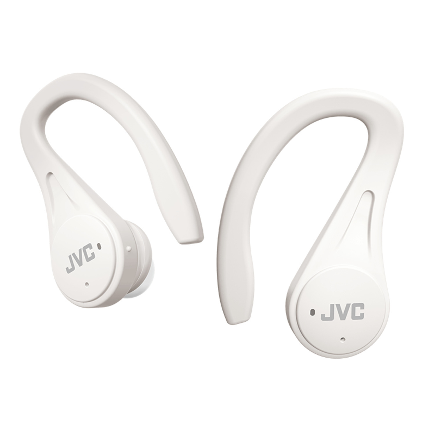 Paire d'écouteurs sans fil JVC blancs avec crochets d'oreille, isolés sur blanc.
