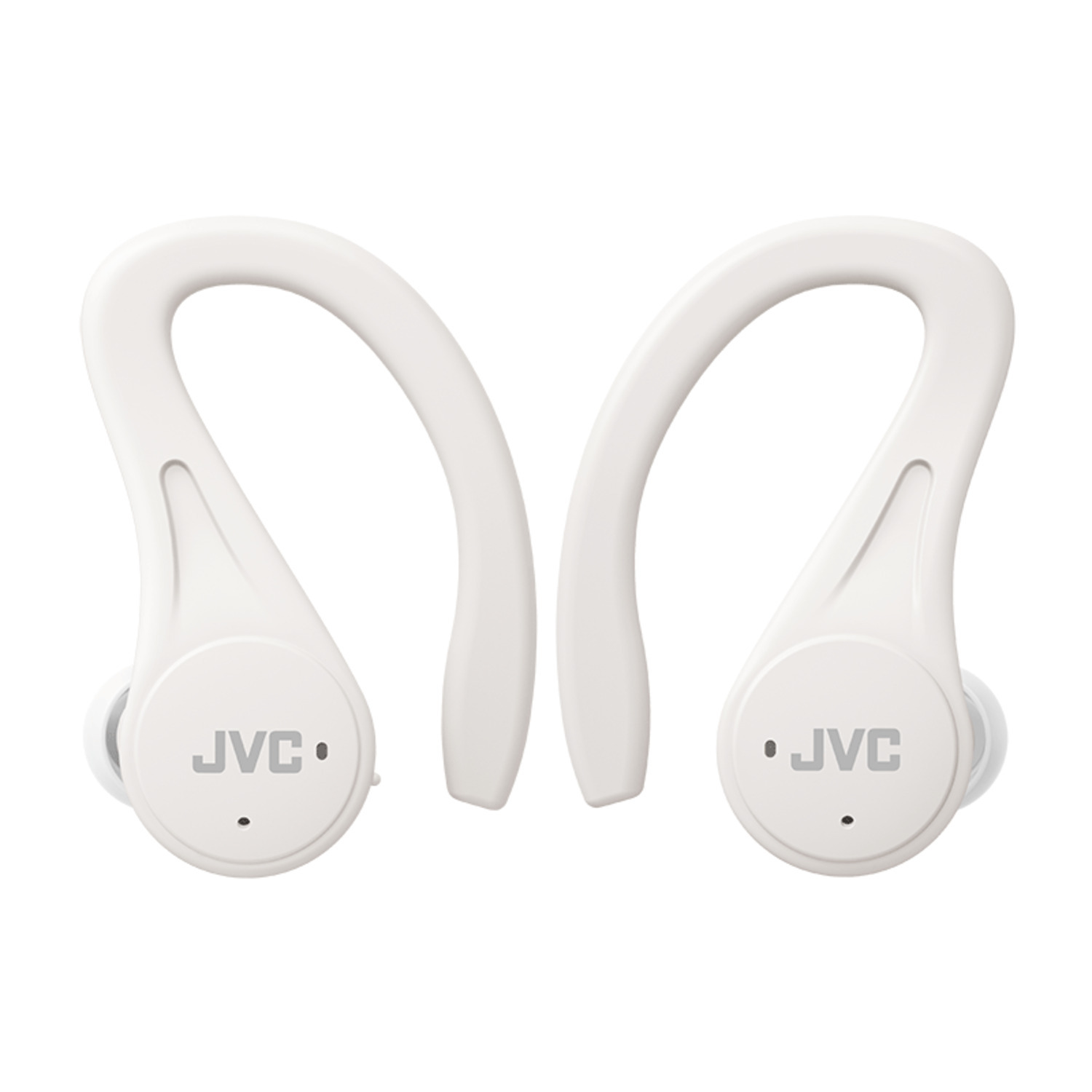Écouteurs JVC blancs, gros plan, sur fond blanc.