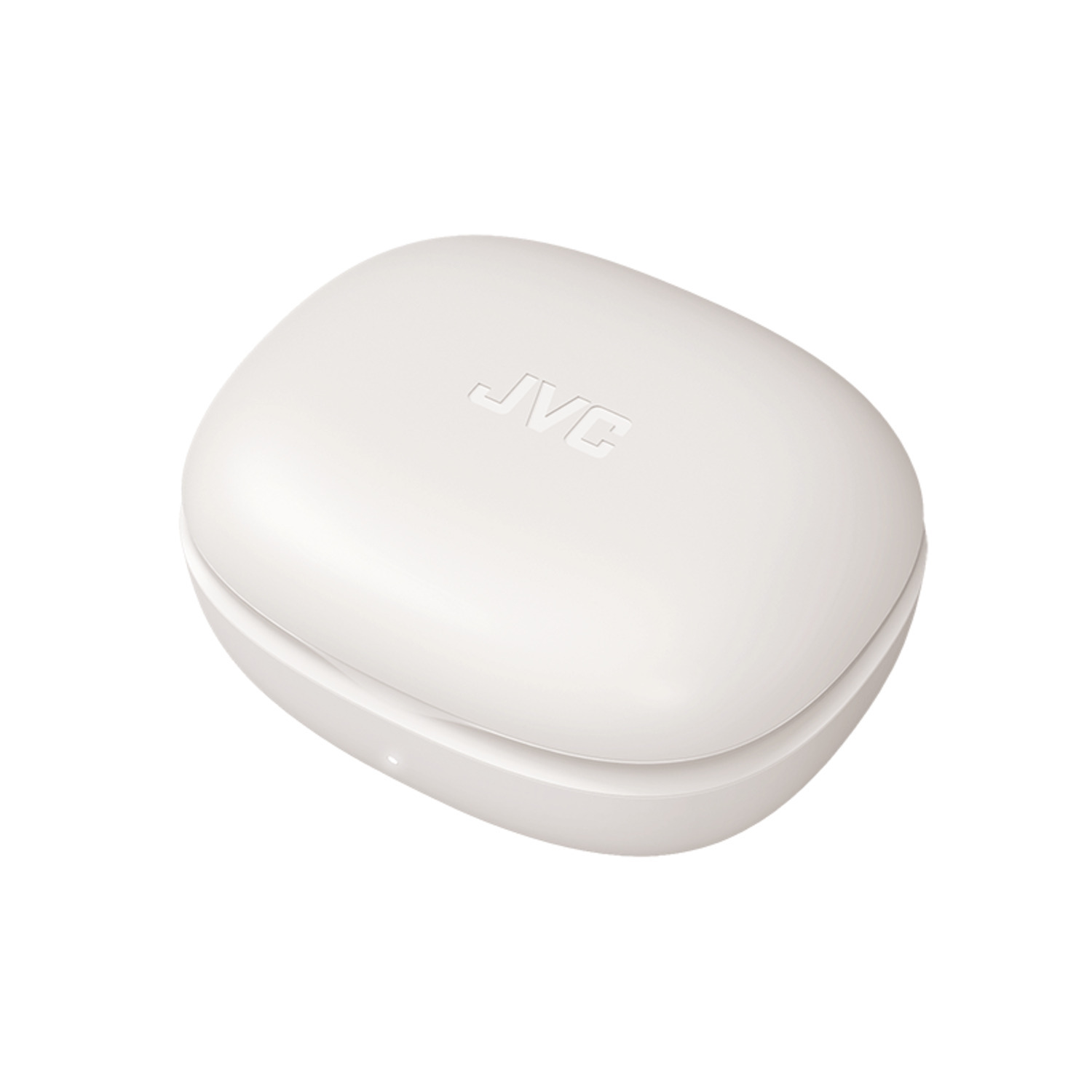 Étui de chargement d'écouteurs JVC blanc et ovale avec logo JVC sur le dessus.