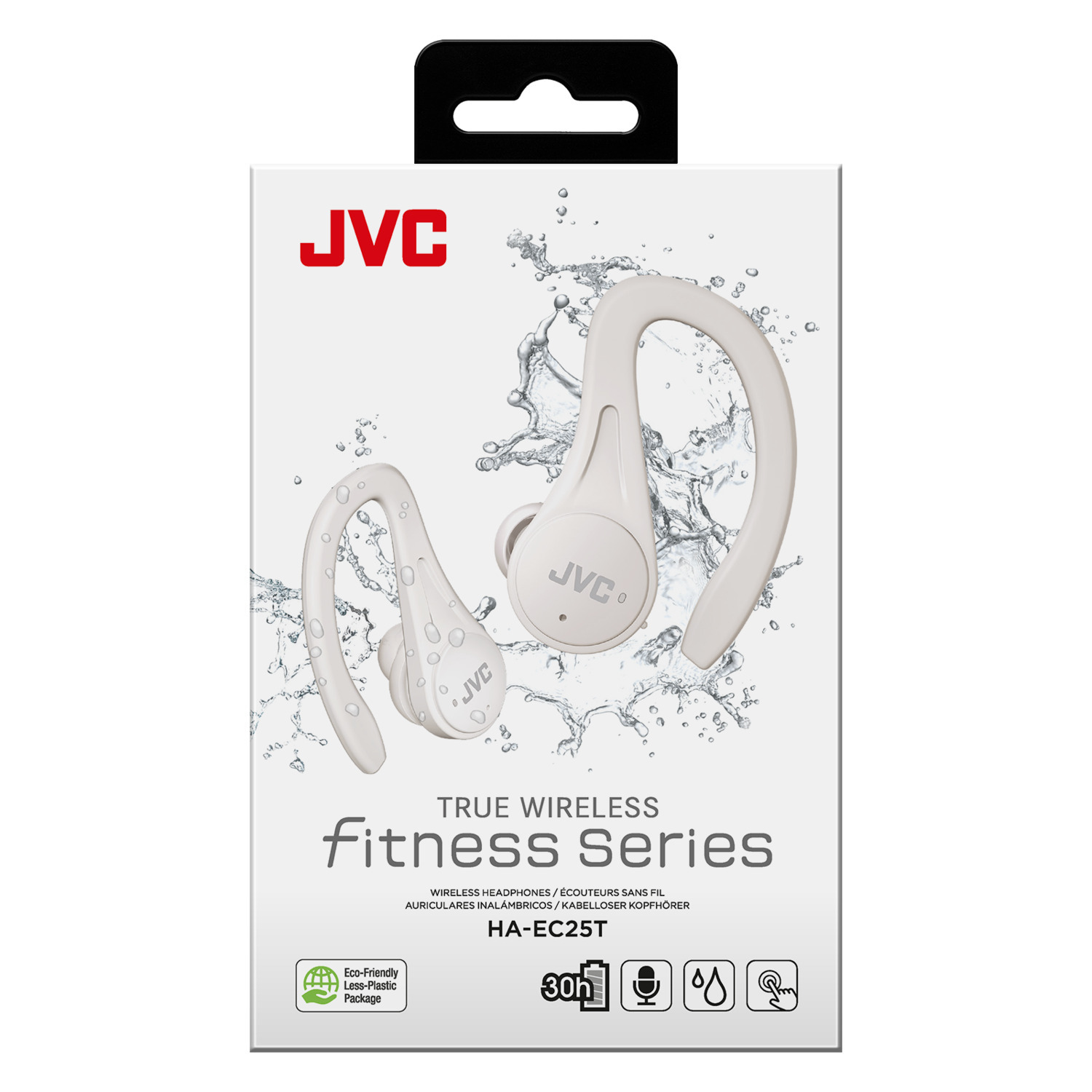 Écouteurs blancs JVC Fitness Series dans emballage avec éclaboussures d'eau.