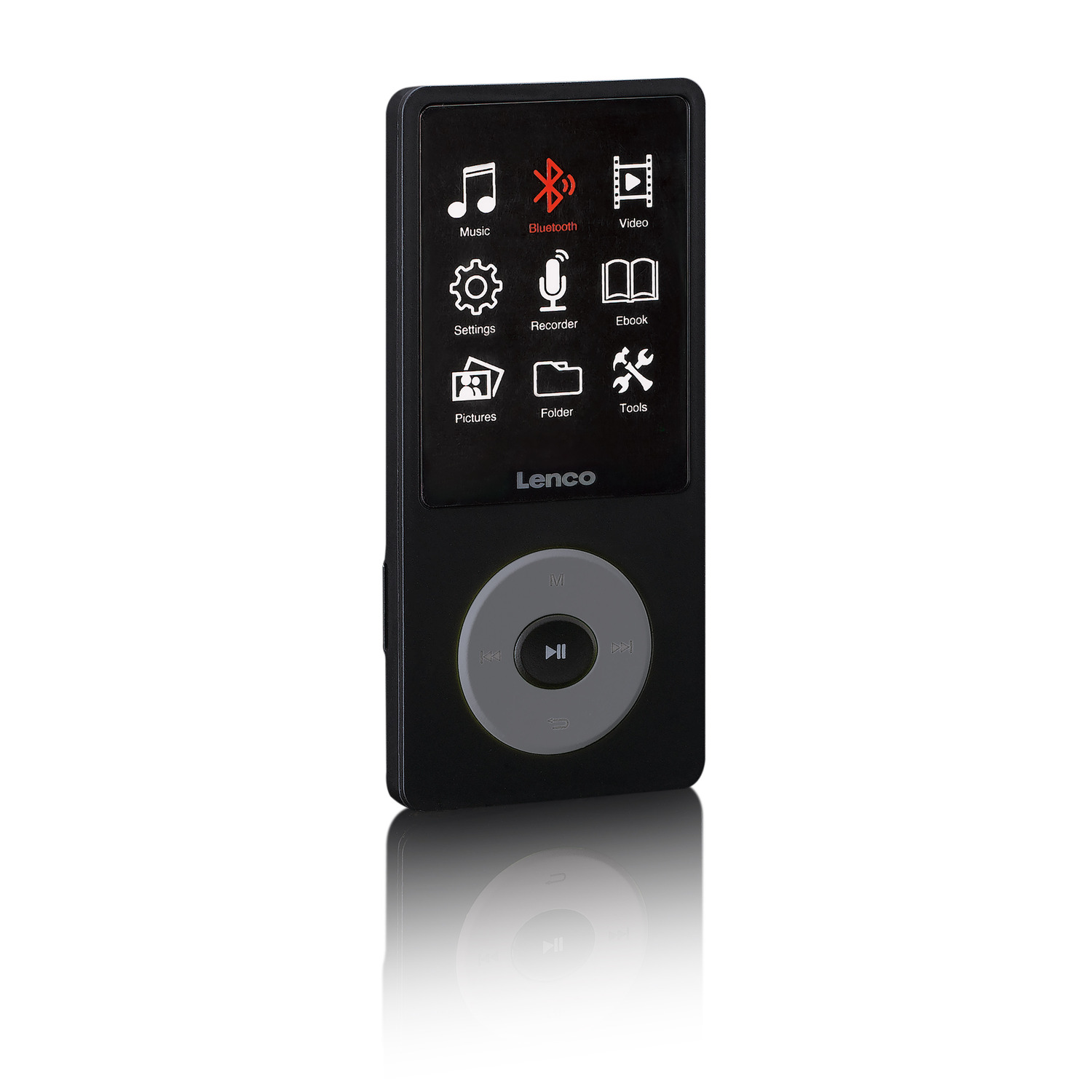 Black Lenco MP3 player with various icons: Music, Bluetooth, Video, Settings, Recorder, Folder, Tools.