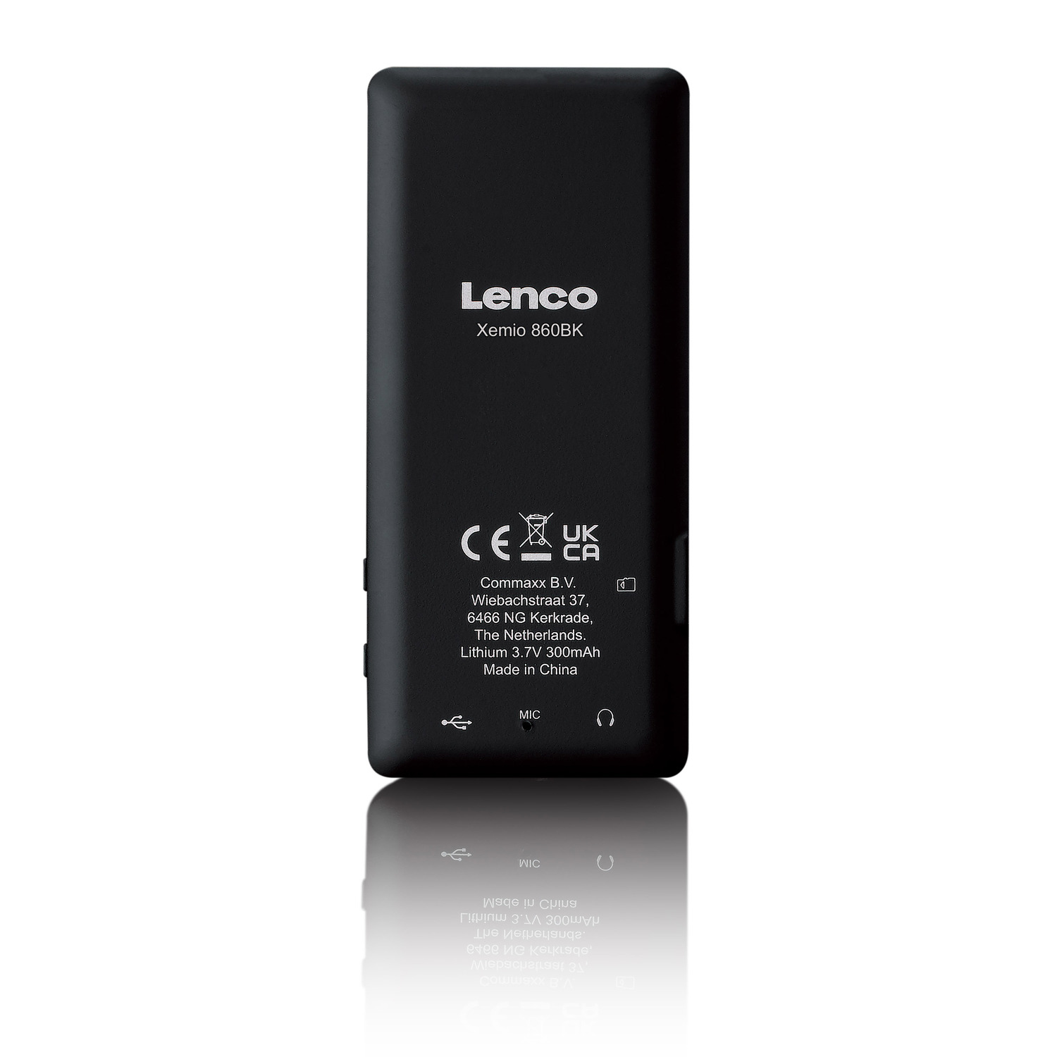 Black Lenco Xemio 860BK MP3 player back with ports and details.