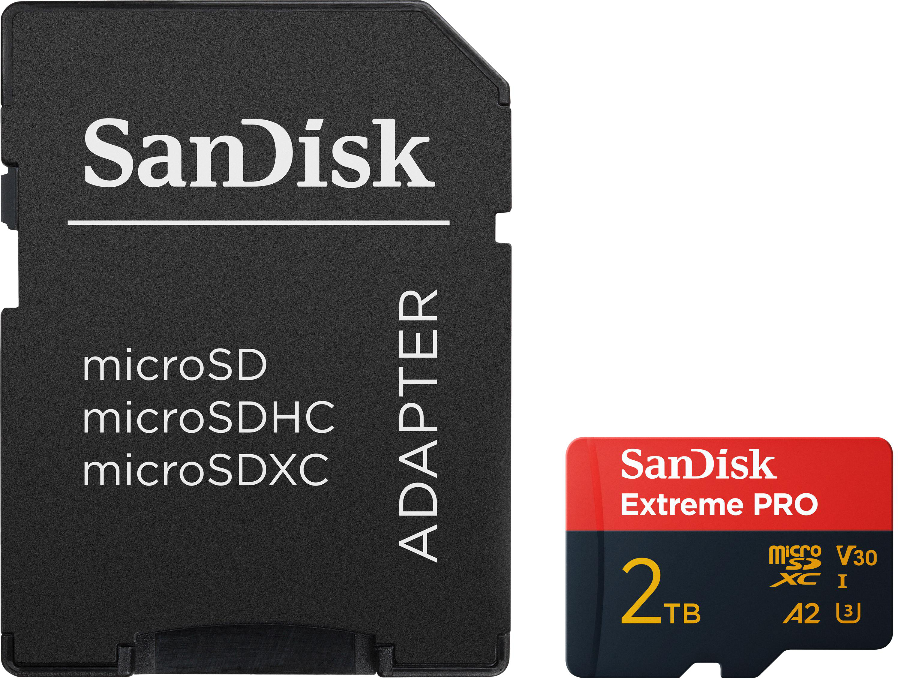 SD-Kartenadapter und SD-Karte. Adapter ist schwarz, SD-Karte ist rot und schwarz.