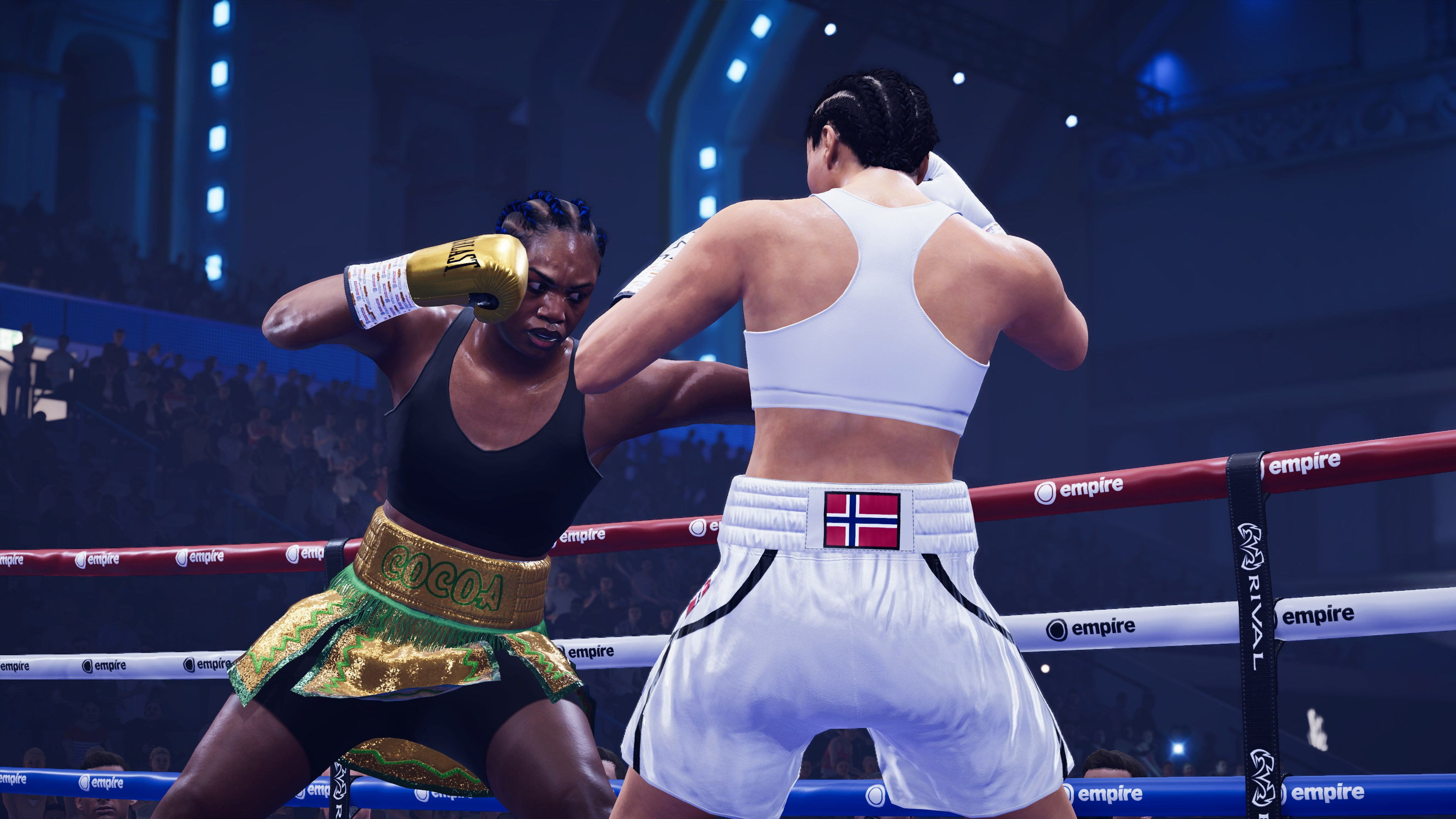 Deux boxeuses sur un ring, l'une frappe l'autre. Foule en arrière-plan. Les deux portent un équipement de boxe.