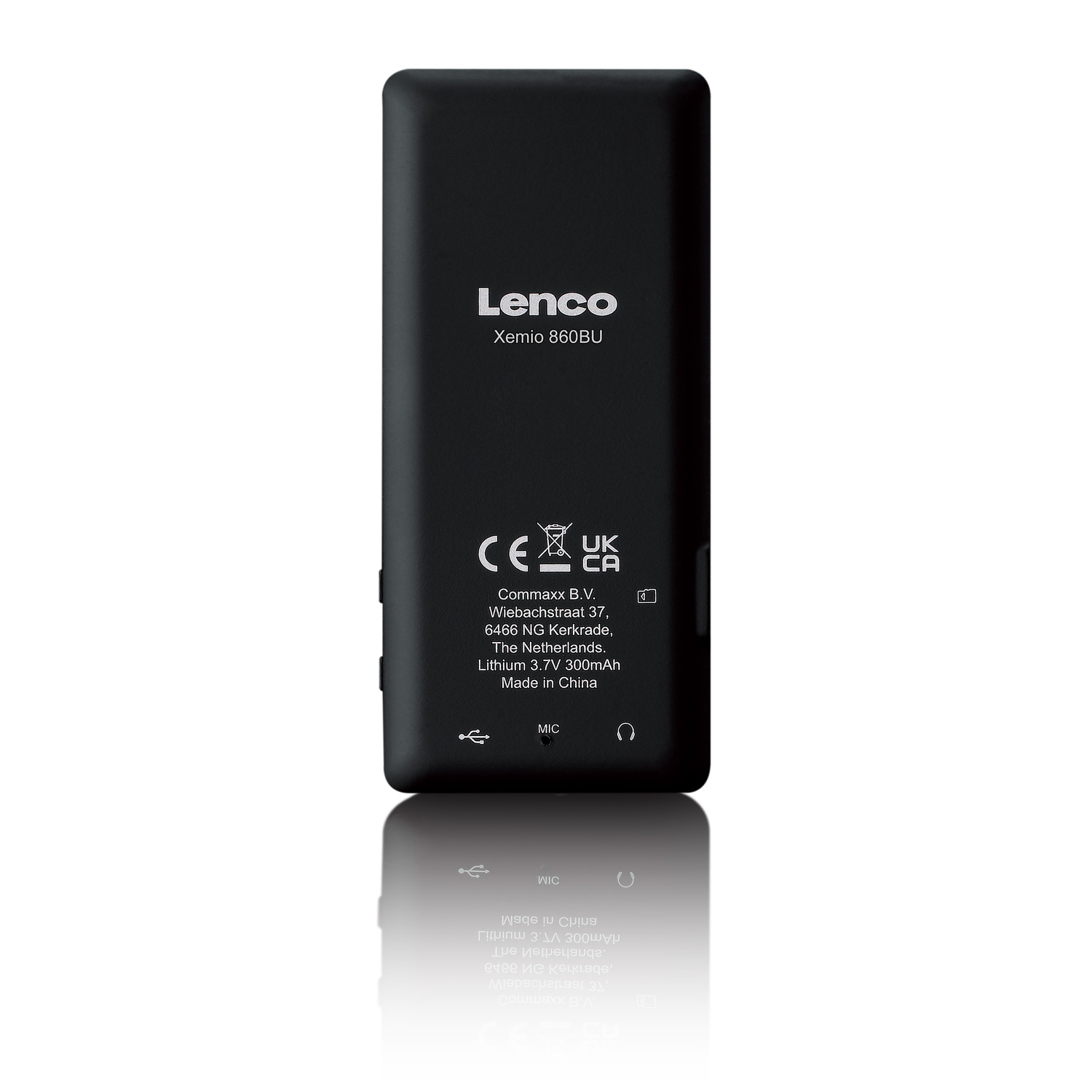 A black Lenco Xemio 860BU media player, with buttons, ports and model info.