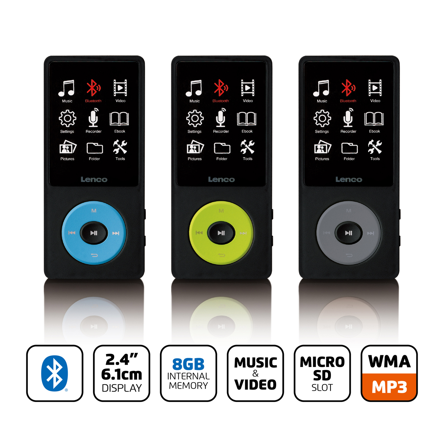 Three black MP3 players with different colored central buttons.