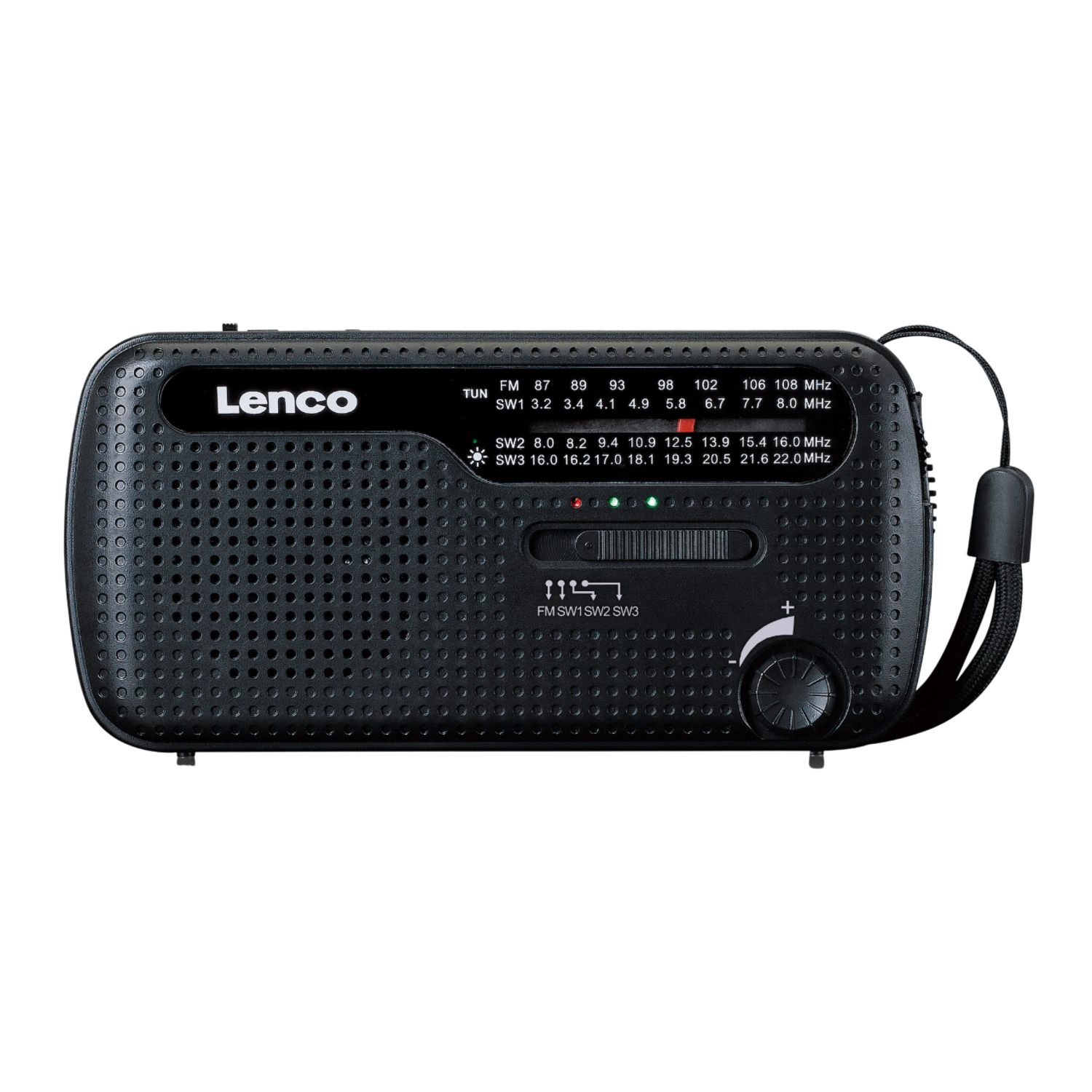 Une radio Lenco noire avec une molette de réglage et un affichage de fréquence numérique.