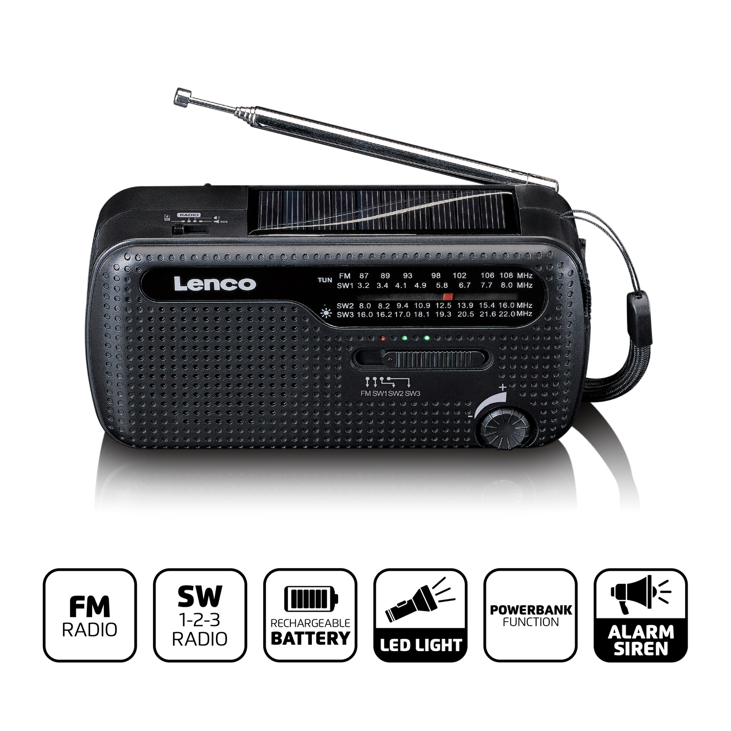 Radio portable noire avec antenne et icônes de fonction en bas.