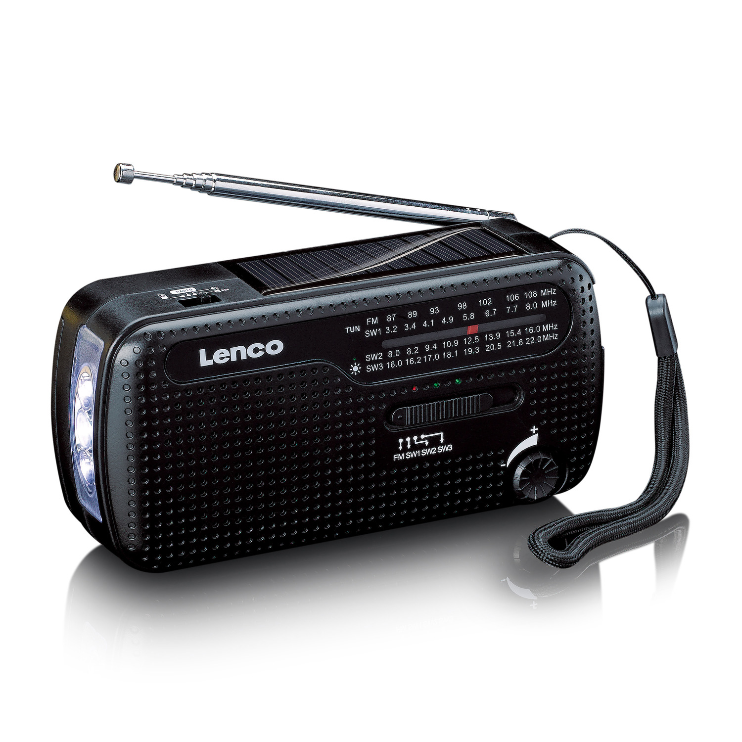 Une radio Lenco noire avec un panneau solaire et une lampe de poche. Elle a une dragonne.